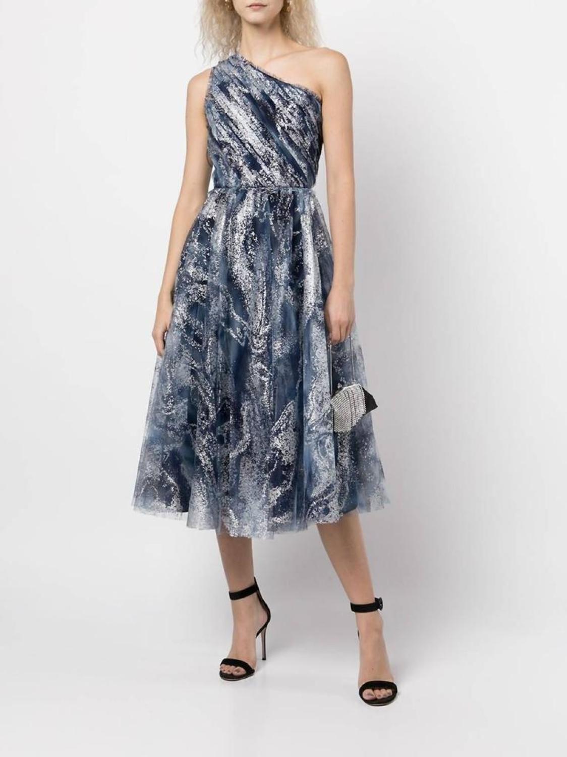 One-Shoulder Tulle Tea-Length Gown In Navy