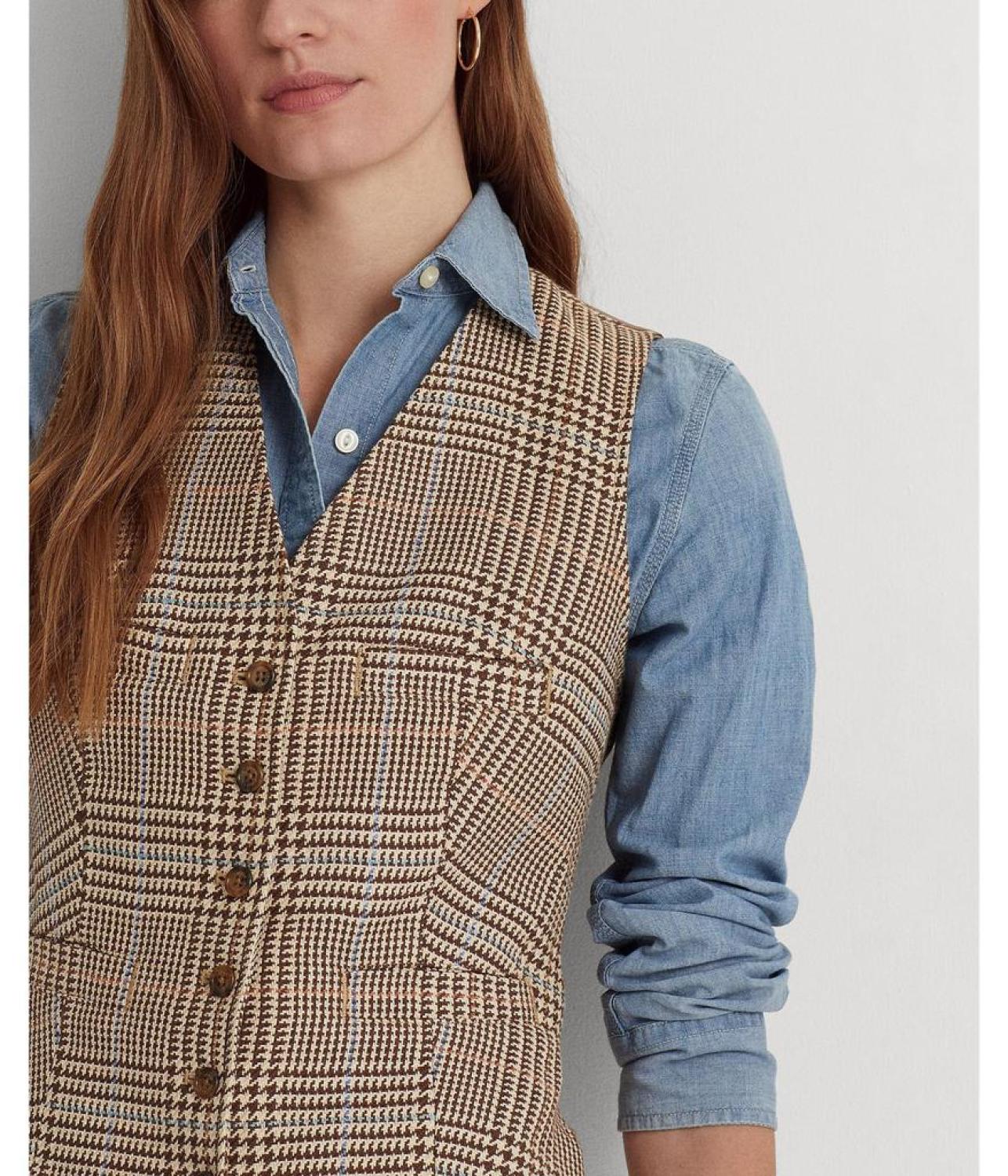 Plaid Linen-Blend Tweed Vest