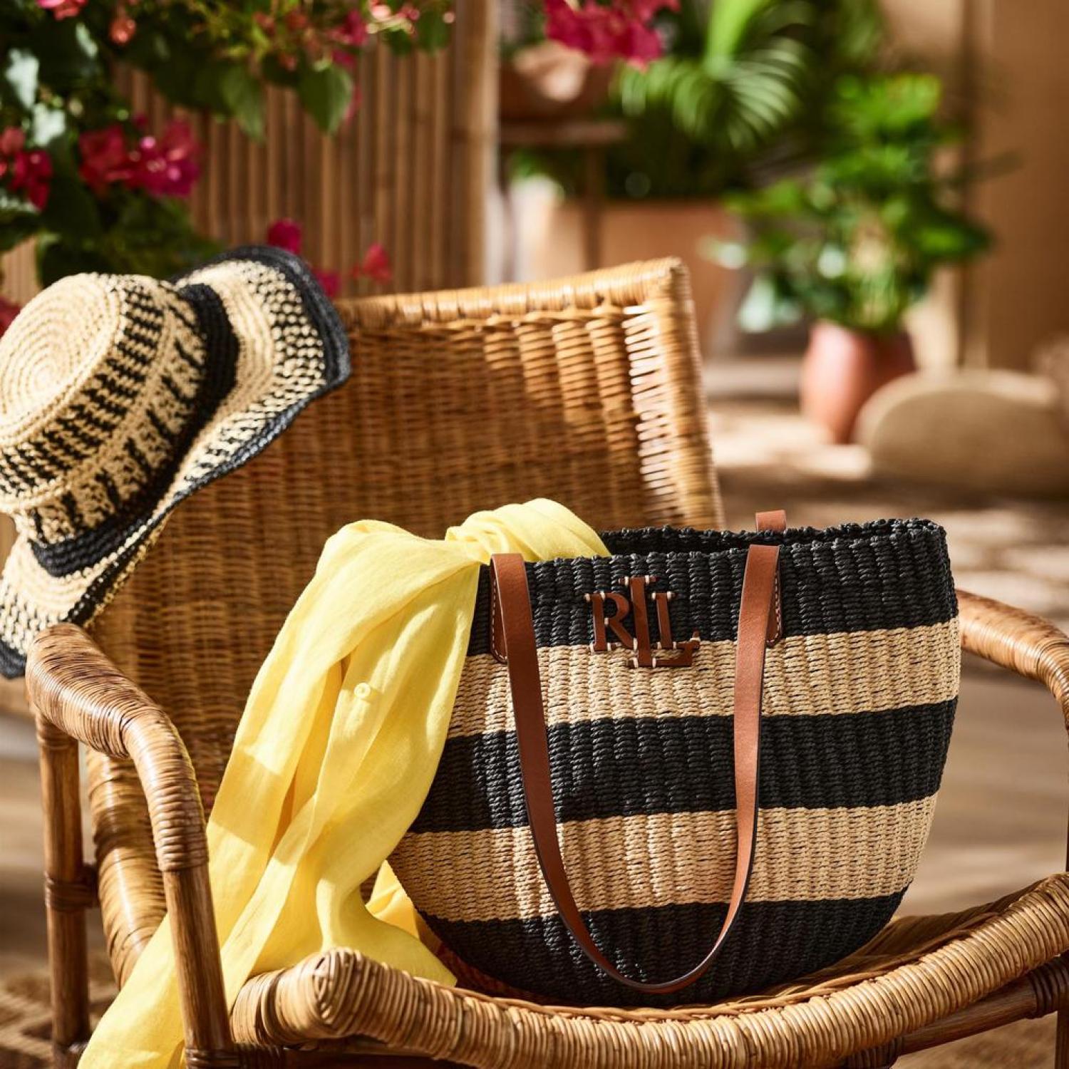 【LAUREN RALPH LAUREN】STRIPED STRAW MEDIUM HARTLEY TOTE BAG Striped Straw Medium Hartley Tote Bag
