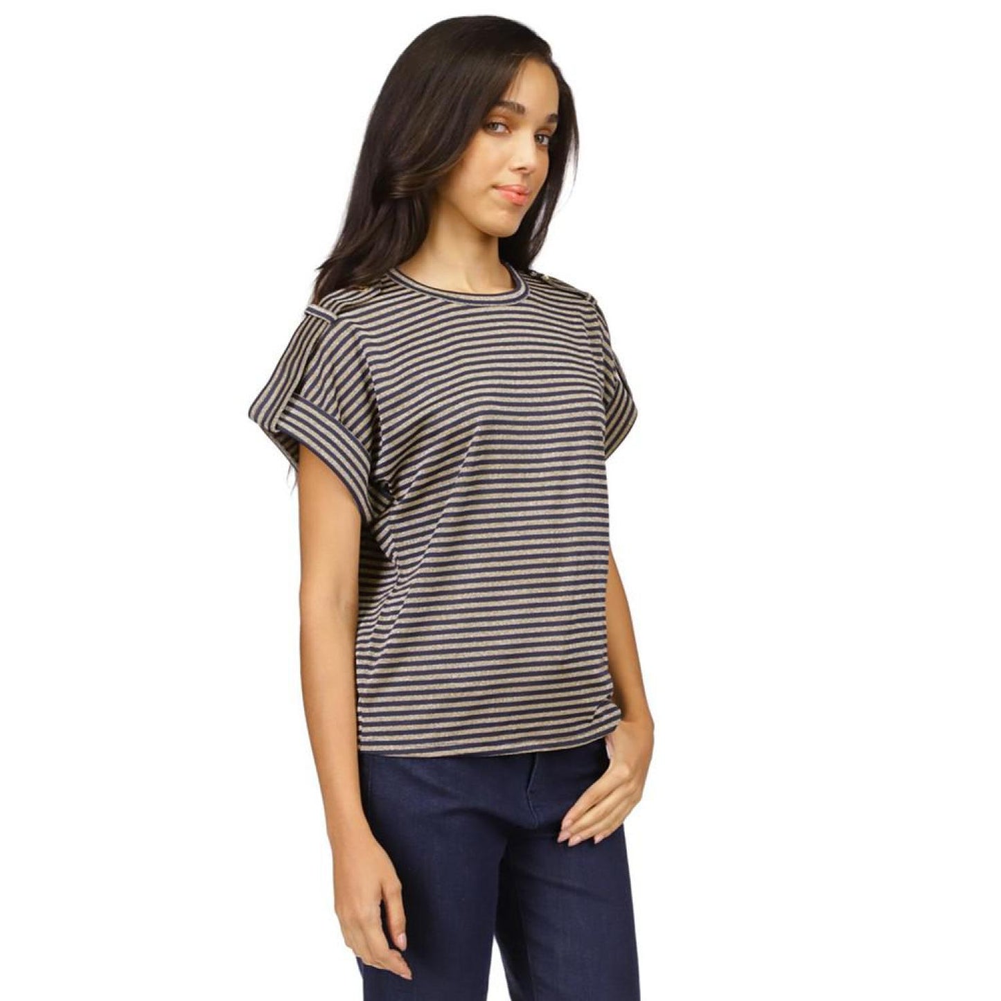 Women's Metallic-Stripe Epaulette Short-Sleeve Top