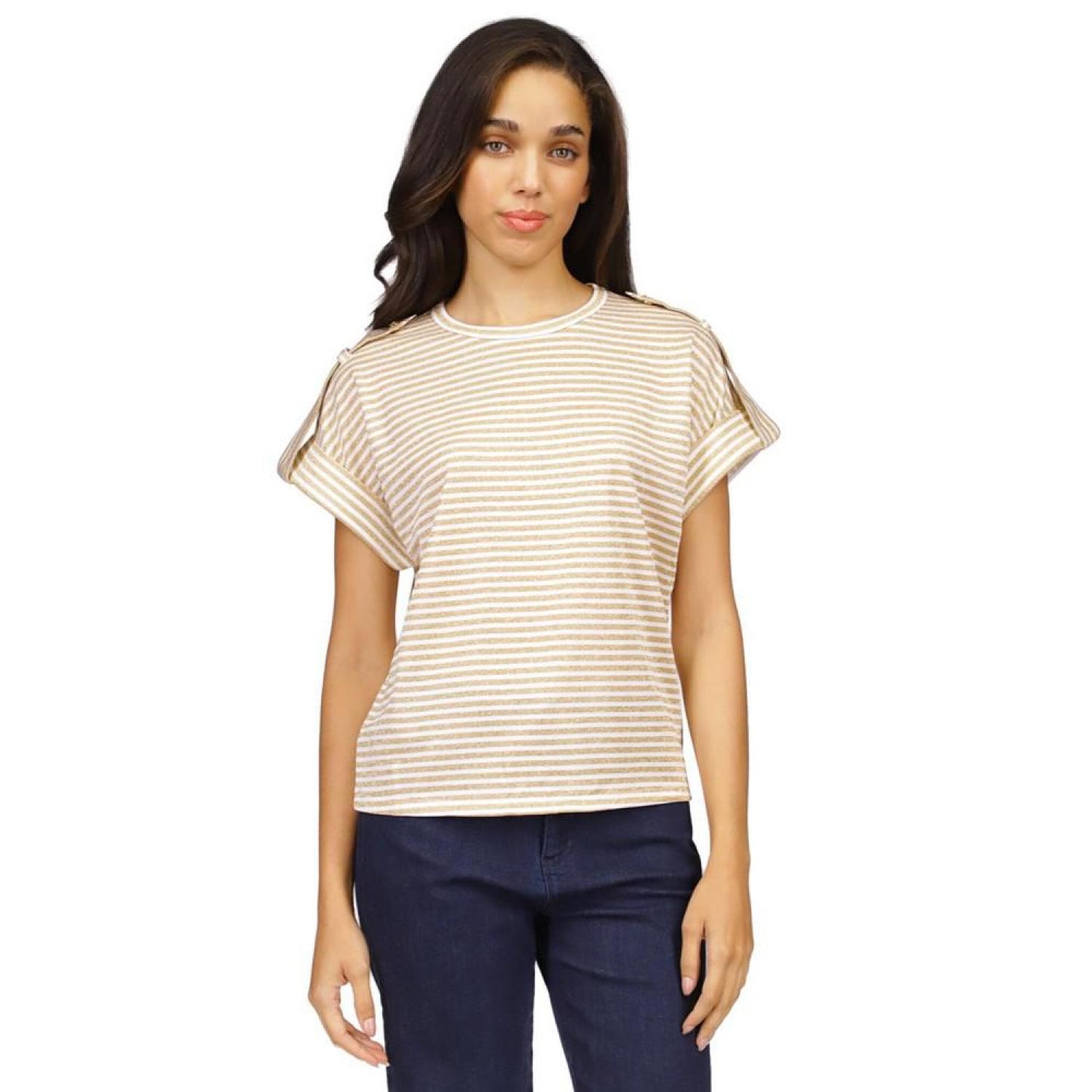 Women's Metallic-Stripe Epaulette Short-Sleeve Top