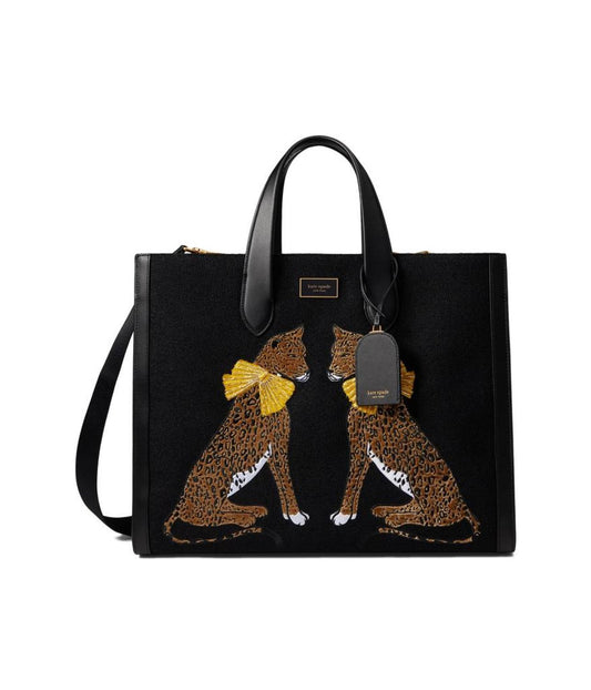 Manhattan Lady Leopard Embroidered Fabric Large Tote