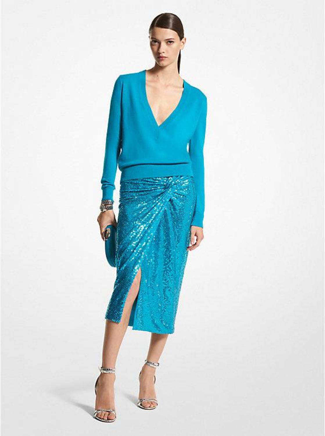 Hand-Embroidered Sequin Stretch Jersey Pareo Skirt