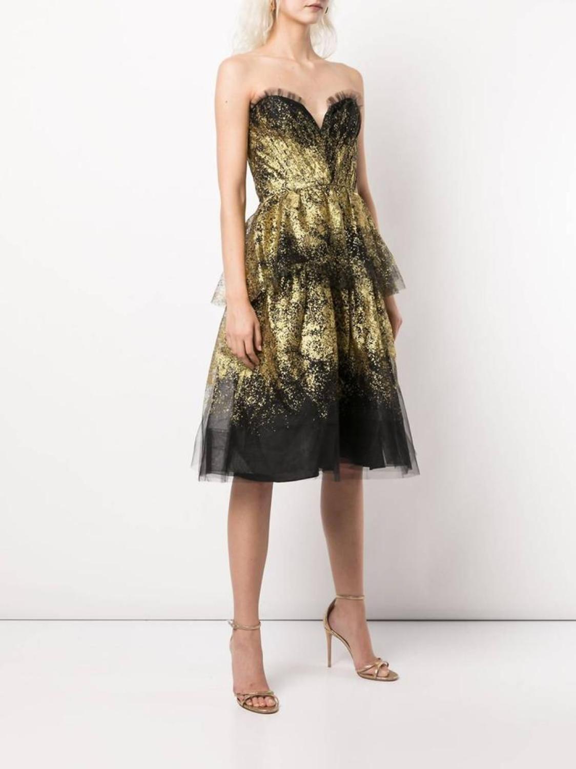 Glitter-Tulle Tiered Strapless Gown In Black