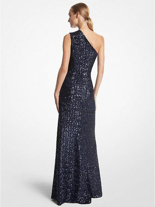 Sequined Stretch Tulle One-Shoulder Gown