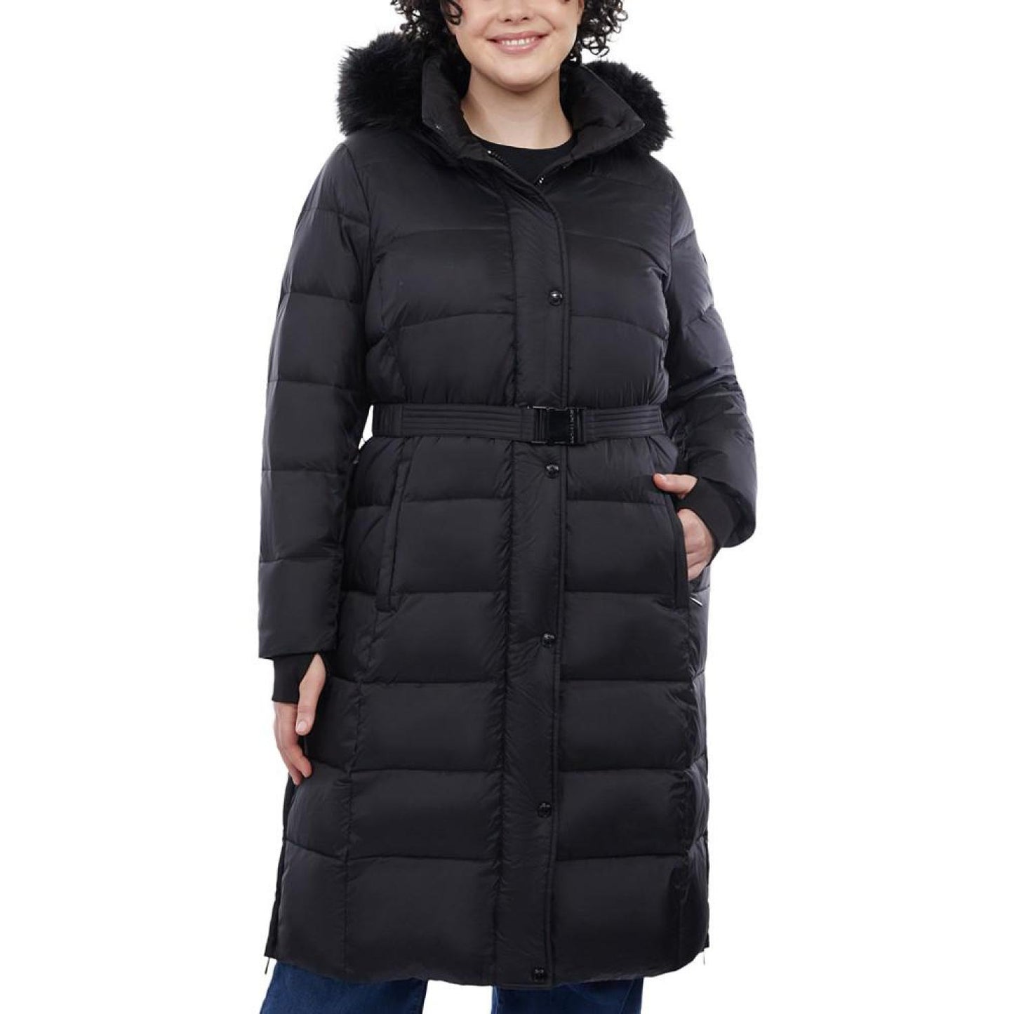 Women's Plus Size Shine Belted Faux-Fur-Trim Hooded Puffer Coat