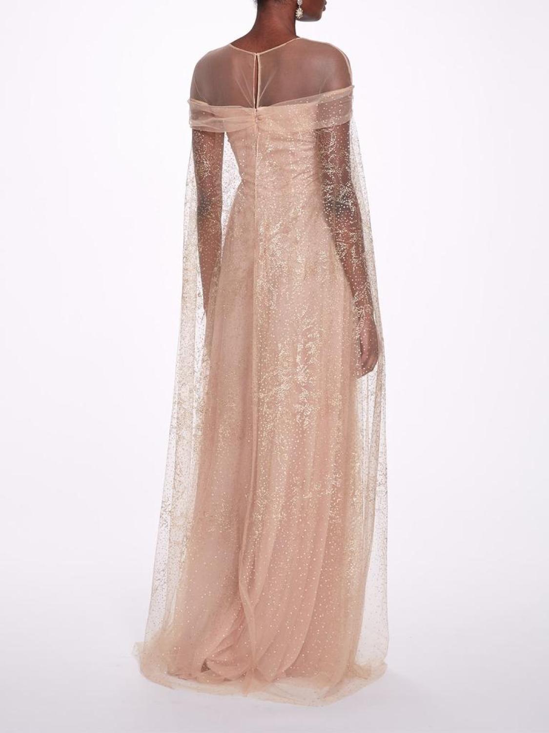 Off-Shoulder Glitter Cape Gown
