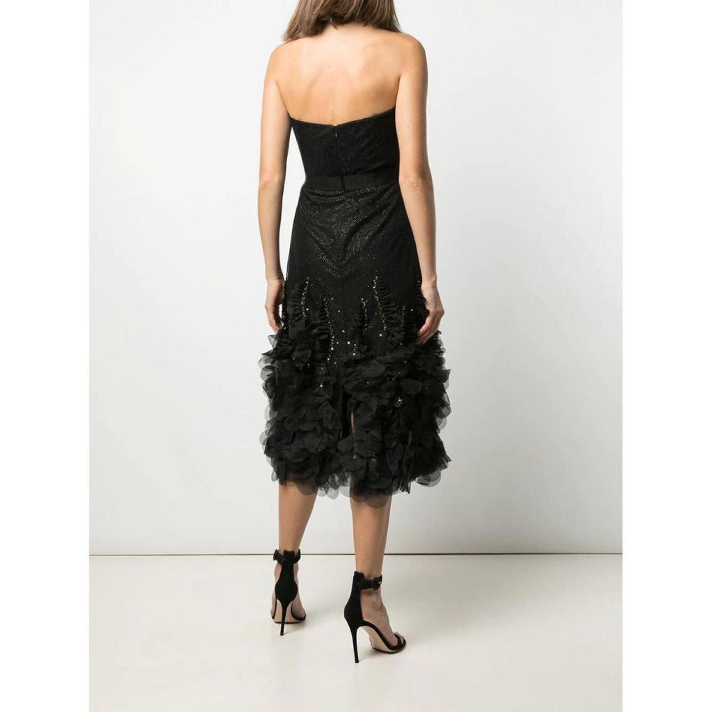 Strapless Glitter Tea-Length Tulle Gown