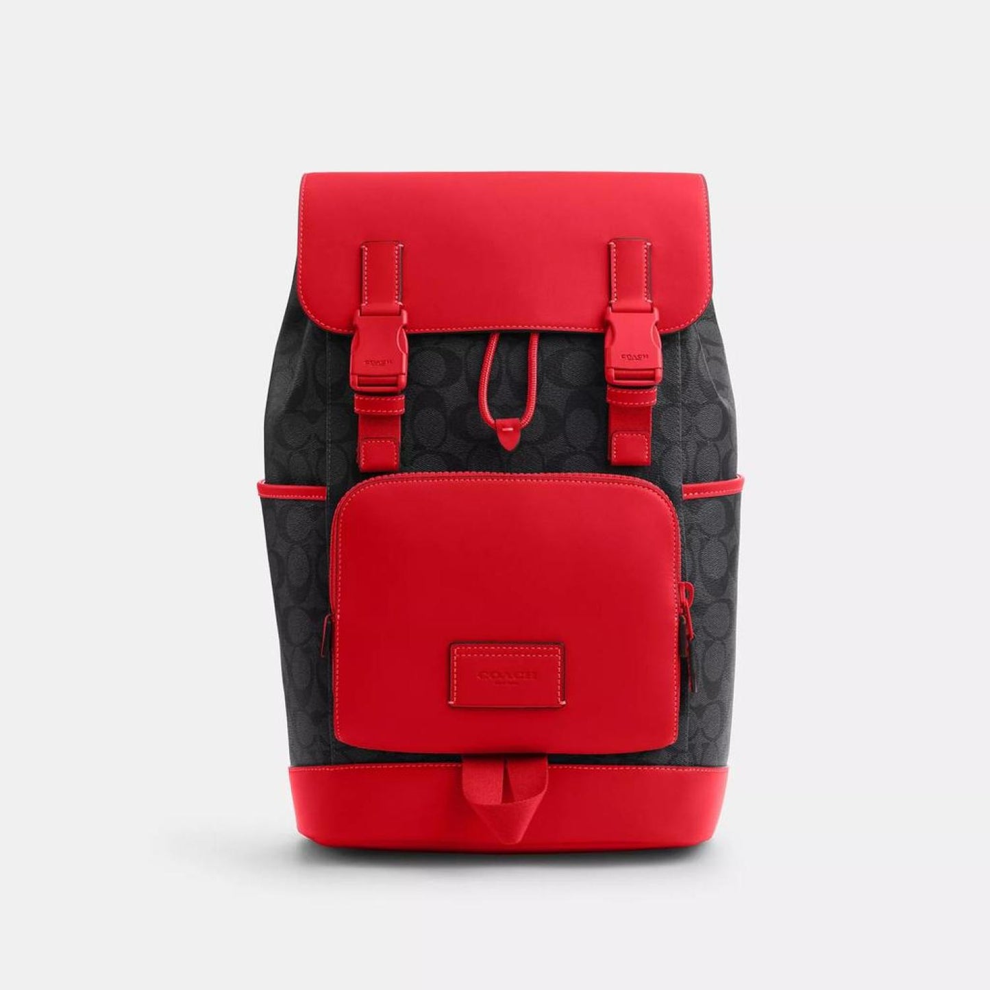 coach backpack signature charcoal & true red f71973 Court In Canvas Signature coated canvas and smooth calf leather Inside zip pocket Inside laptop sleeve Drawstring and speedclip closures fabric lining Handle with 3 1/2 drop Outside speedclip pockets Luggage sleeve Adjustable shoulder straps 13 (L) x 16 1/4 (H) x 4 1/2 (W) Style No. Coach coach backpack signature -