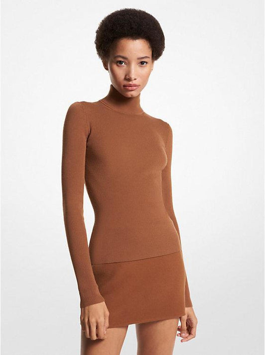Ribbed Stretch Merino Wool Turtleneck Sweater