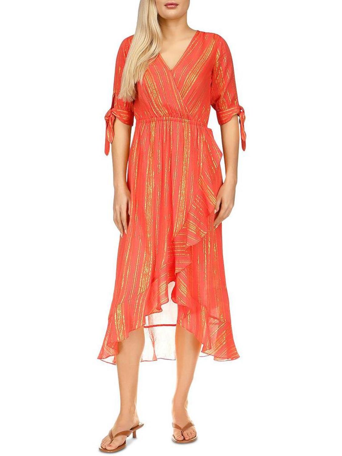 Womens Metallic Hi-Low Wrap Dress