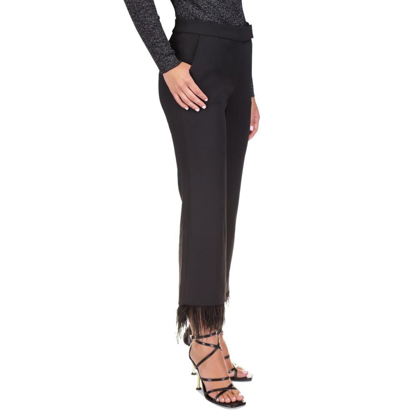 Women's Cropped Detachable Feather Trim Stretch Crepe Pants