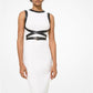 Leather Trim Stretch Bouclé Crepe Sheath Dress