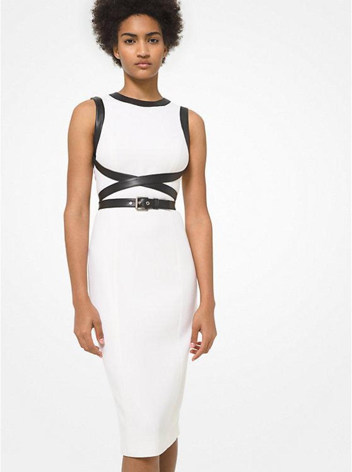 Leather Trim Stretch Bouclé Crepe Sheath Dress