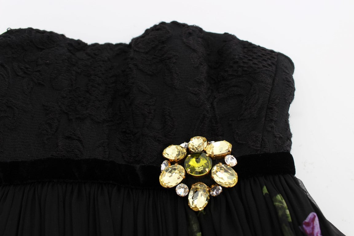 Dolce & Gabbana Black Key Print Silk Crystal Brooch Dress