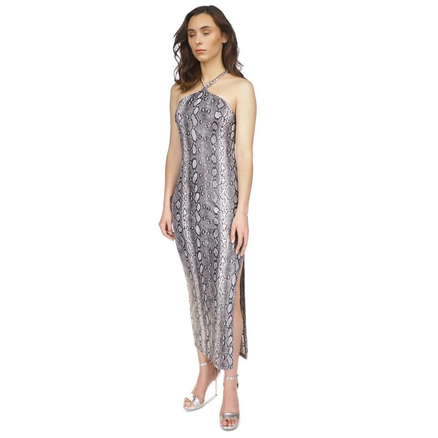 Women's Snake-Print Chain Halter Maxi Dress