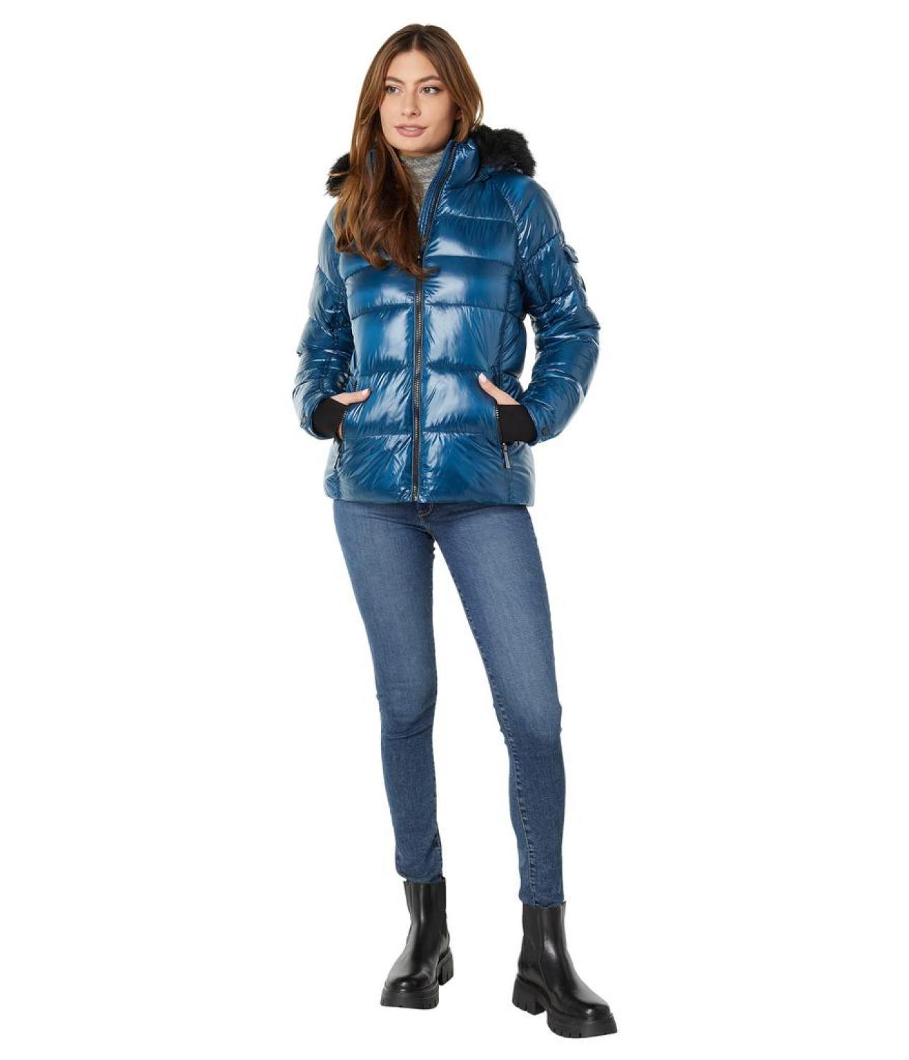 Short Puffer with Faux Fur Trim Hood Jacket M425739QZ