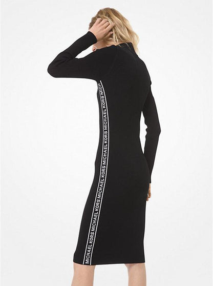 logo tape ribbed knit zip dress Michael Kors Logo Tape Ribbed Knit Dress in Black