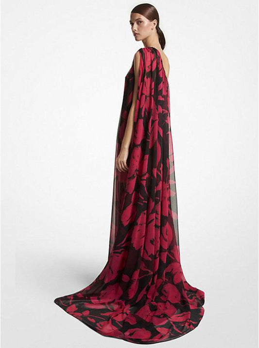 Brushstroke Floral Silk Chiffon One-Shoulder Caftan Gown