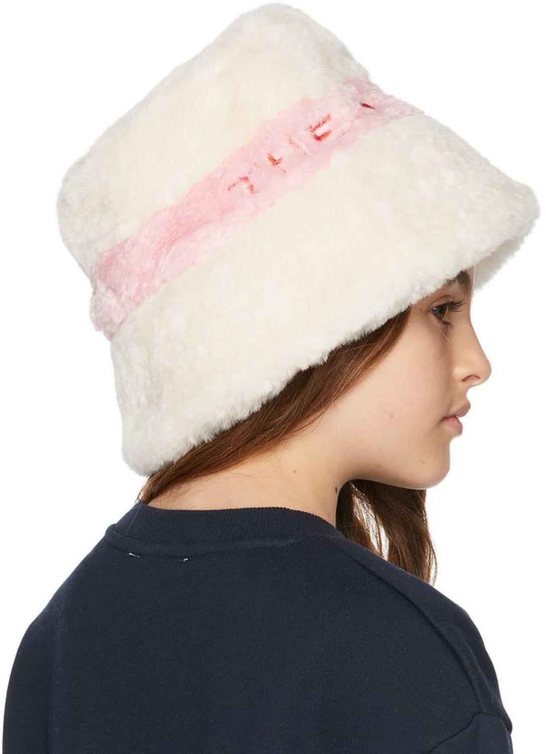 Kids Off-White & Pink Faux-Fur Bucket Hat