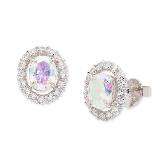Silver-Tone Cubic Zirconia Oval Halo Stud Earrings