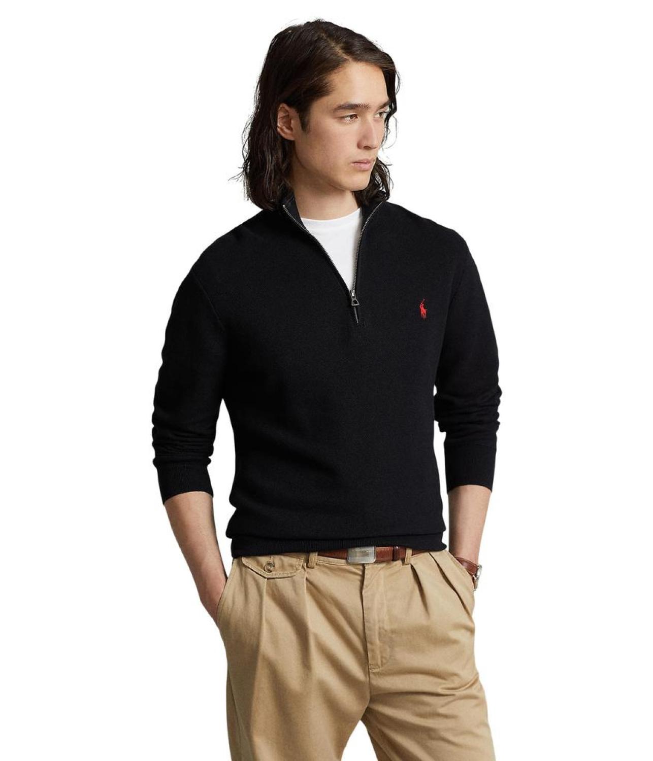 Mesh-Knit Cotton 1/4 Zip Sweater