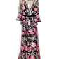 Bell Sleeve V Neck Floral Gown In Black
