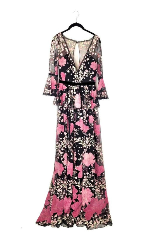 Bell Sleeve V Neck Floral Gown In Black