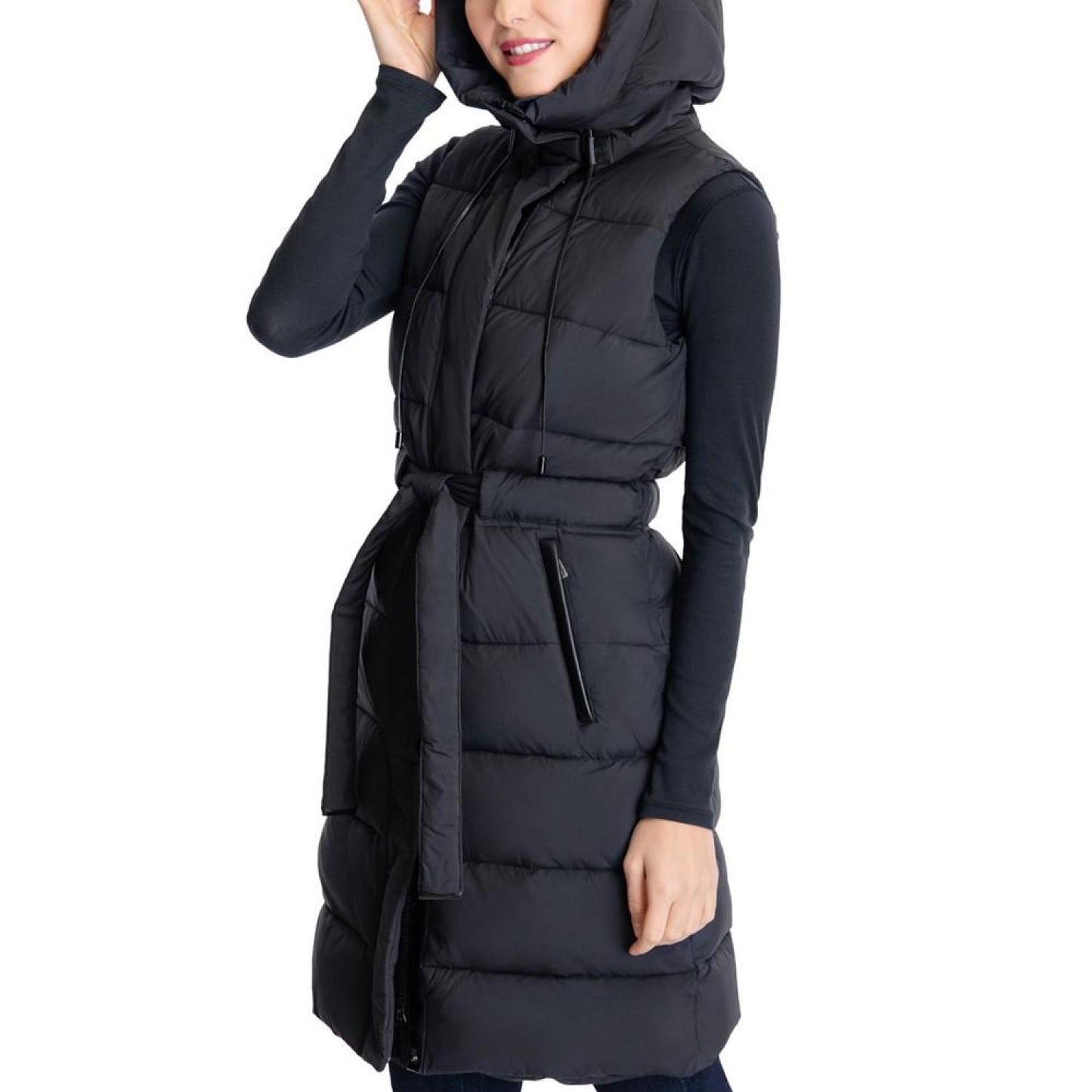 Women's Long Hooded Belted Puffer Vest, Created for Macy's