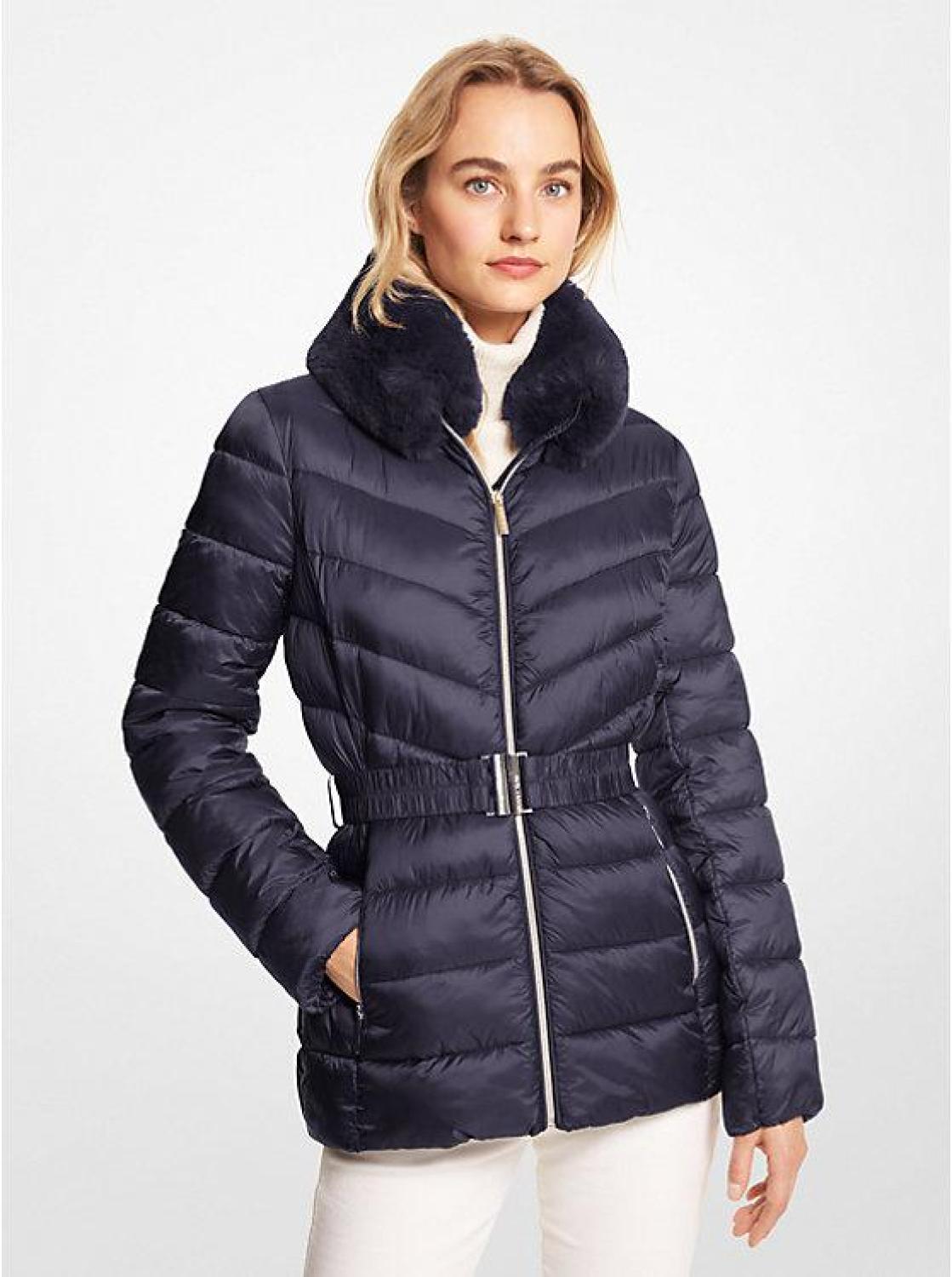 Faux Fur Trim Quilted Nylon Packable Puffer Jacket