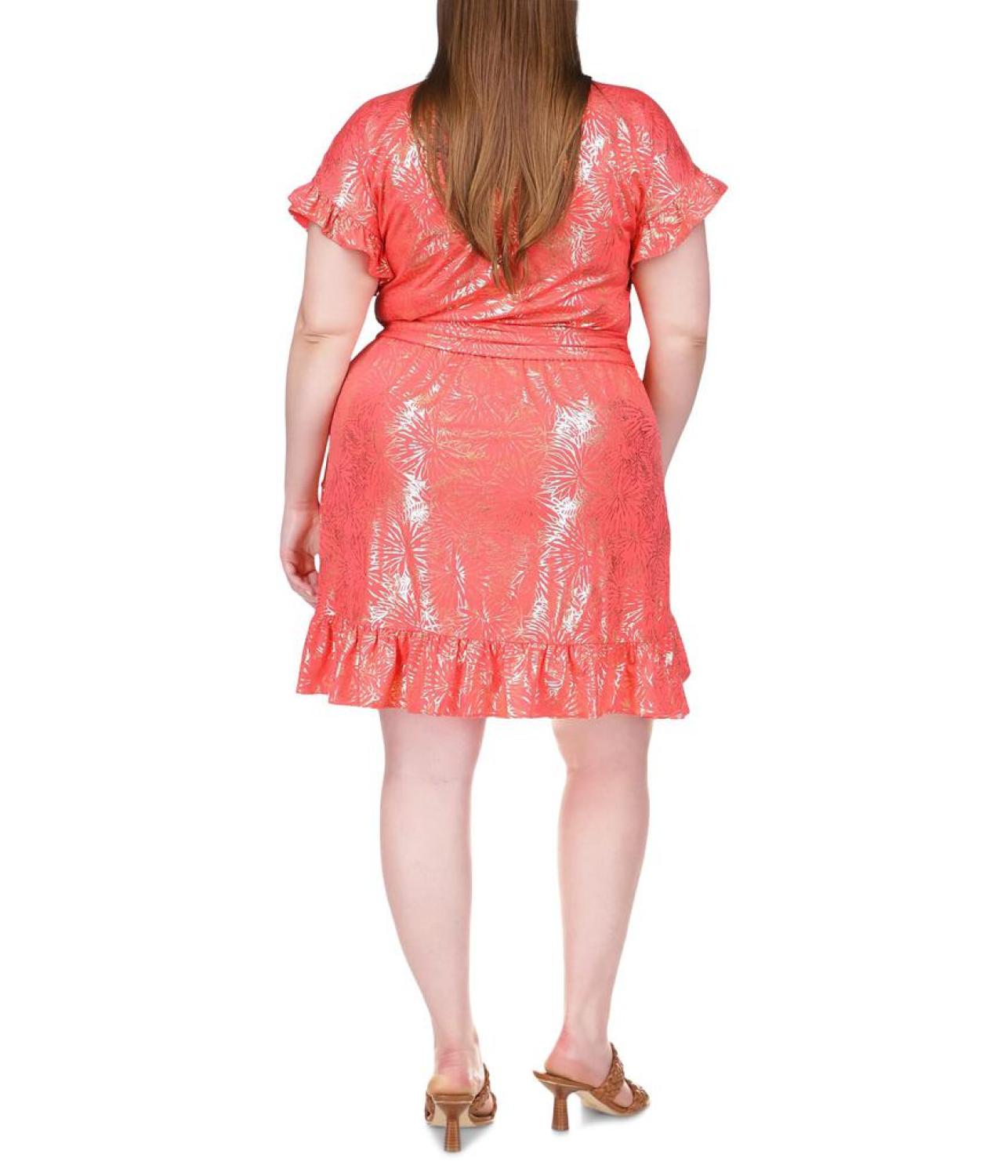 Plus Size Foil Matte Jersey Ruffle Wrap Dress