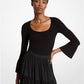 Ribbed Stretch Viscose Ruffle-Sleeve Sweater