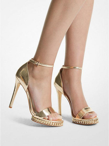 Jordyn Embellished Metallic Snake Embossed Leather Platform Sandal
