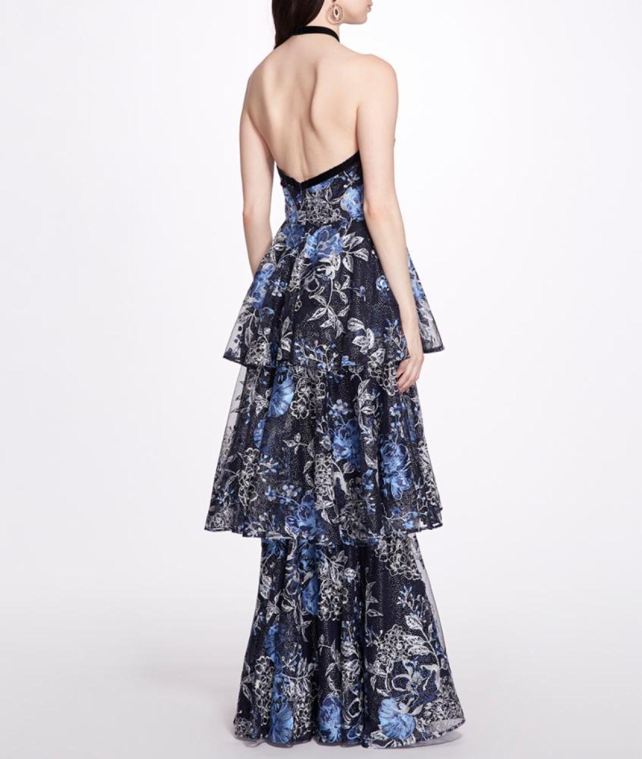 Halter Neck Three-Tiered Flower Tulle Gown