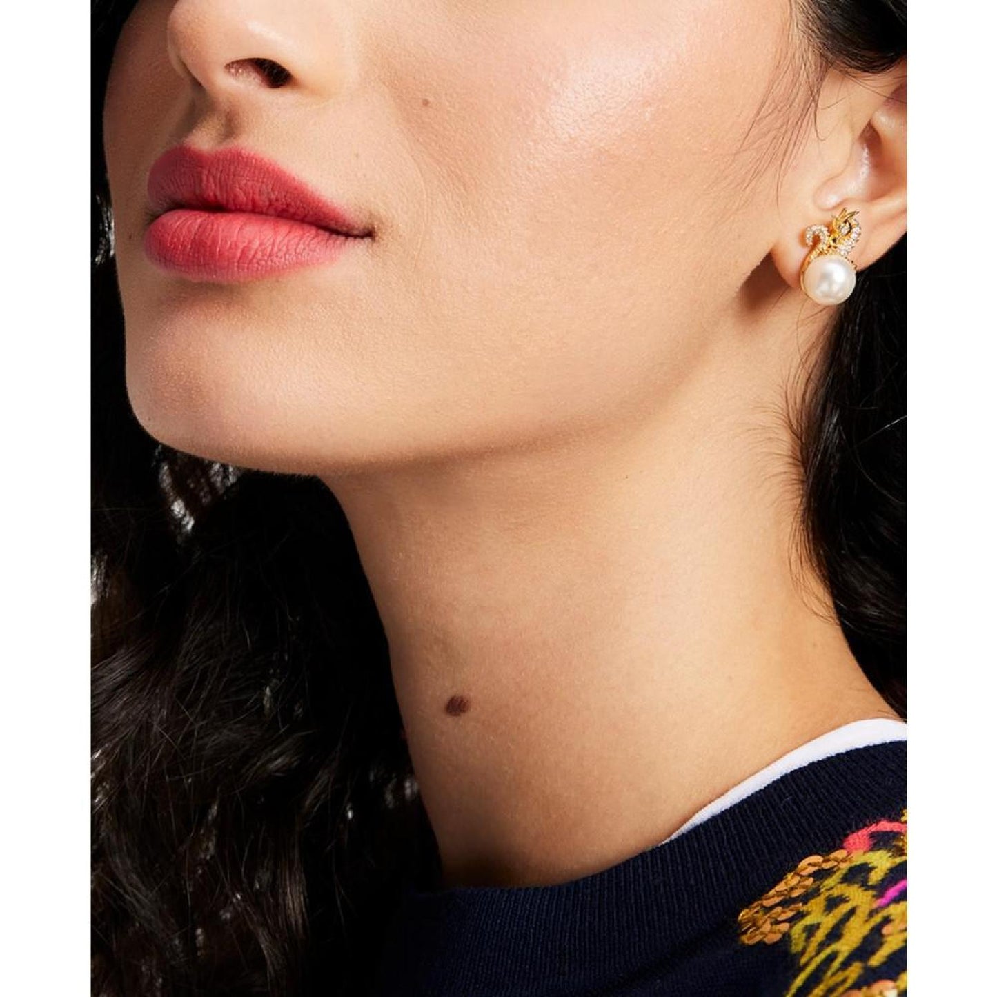 Gold-Tone Pavé & Imitation Pearl Dragon Stud Earrings