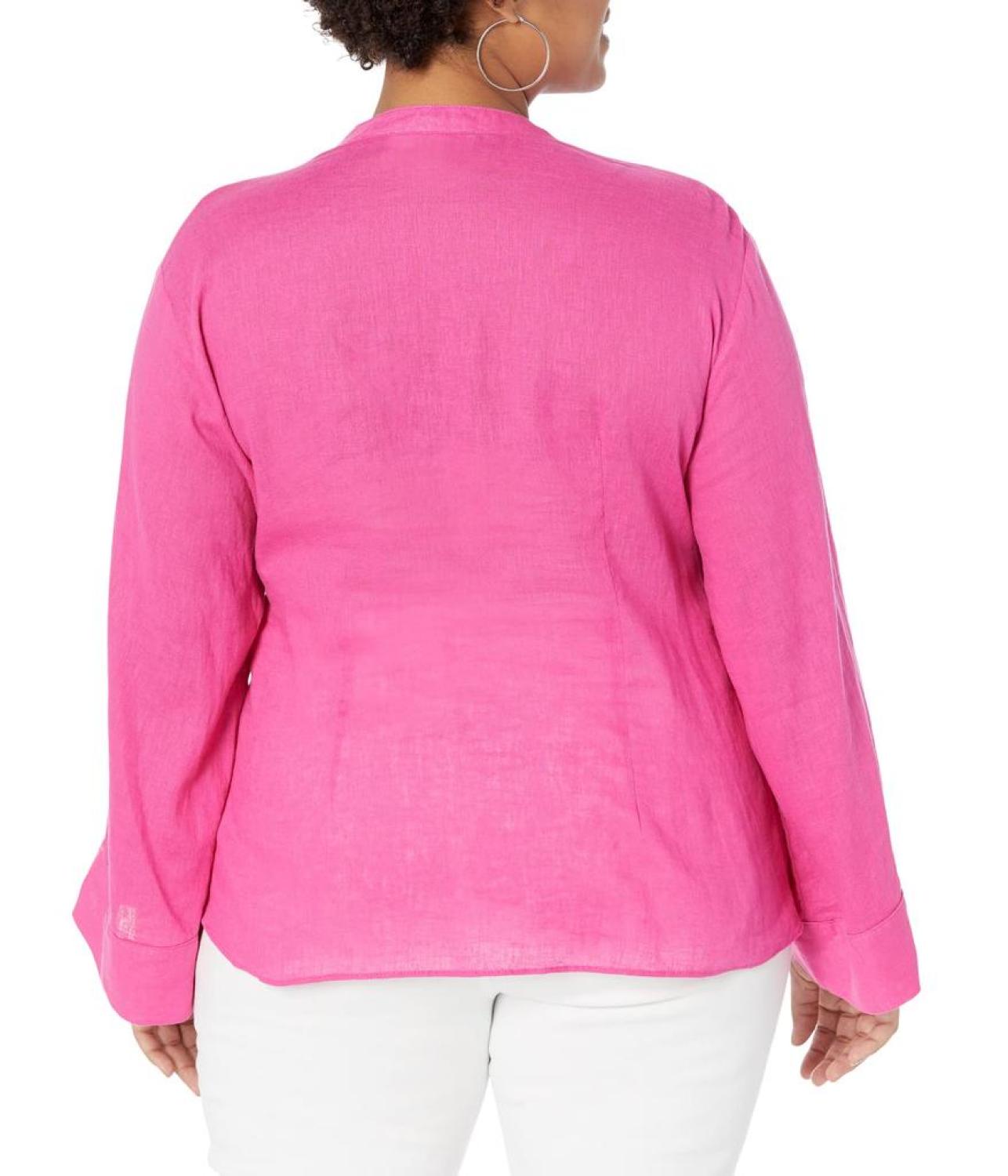 Plus Size Solid Long Sleeve Tie Blouse