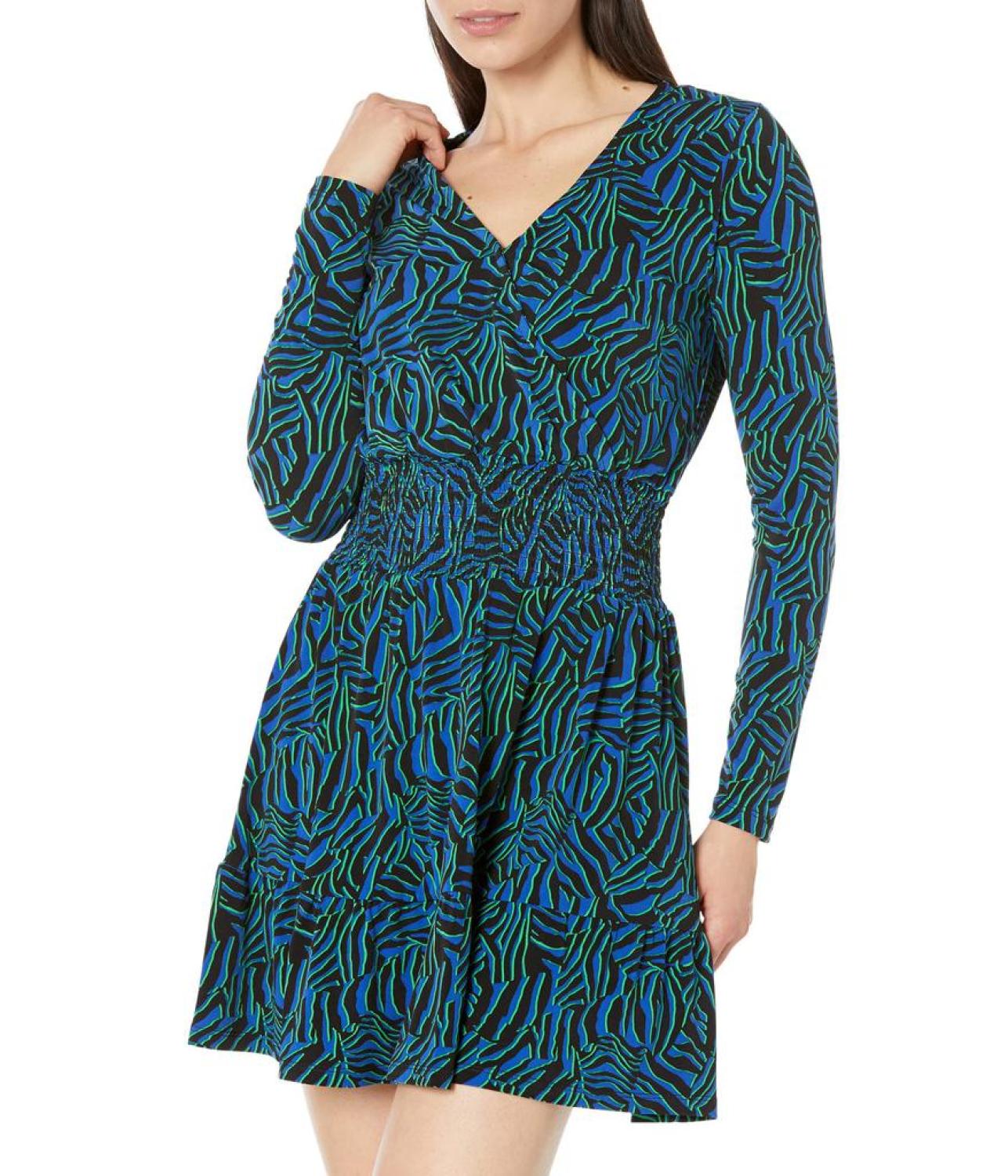 Long Sleeve Zebra Smock Waist Dress