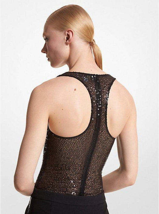 Hand-Embroidered Sequin Stretch Tulle Bodysuit