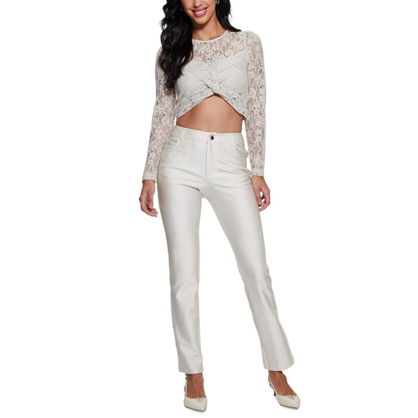 Women's Ariel Lace Twist-Front Long-Sleeve Cropped Top