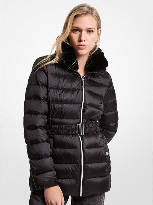 Faux Fur Trim Quilted Nylon Belted Puffer Coat