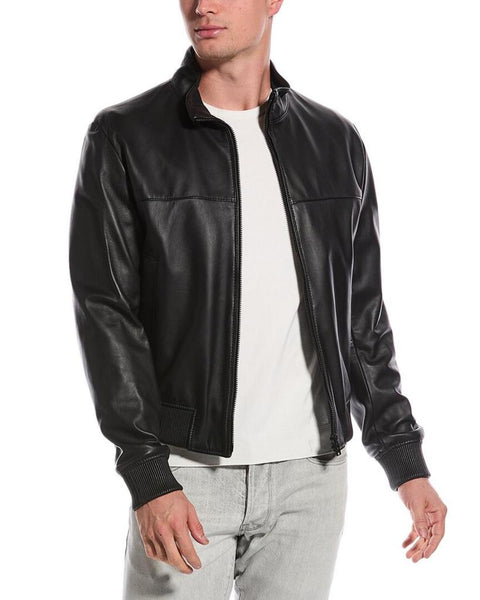 HUGO BOSS レザー ジャケット ボンバーネック 黒 白 48 MA1 BOSS Hugo Boss Mapson Leather Jacket