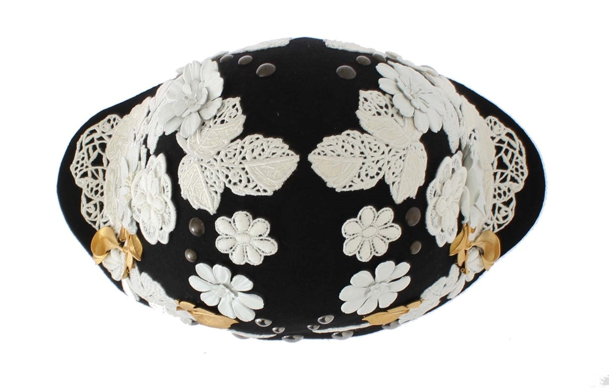 Dolce & Gabbana Black Wool White Floral Gold Leaf Hat