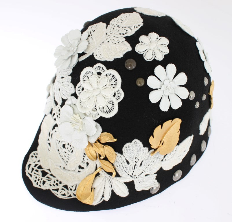 Dolce & Gabbana Black Wool White Floral Gold Leaf Hat