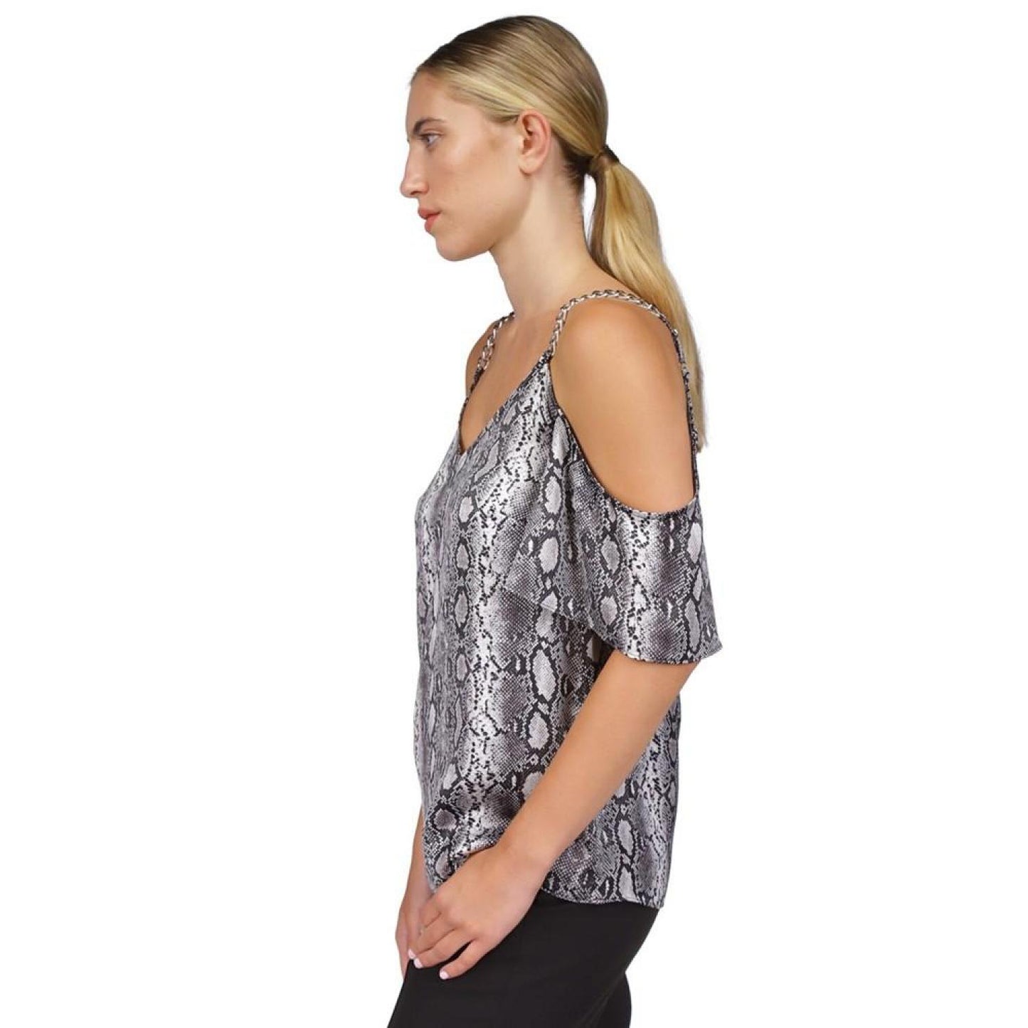 Women's Snakeskin-Print Cold-Shoulder Chain Top