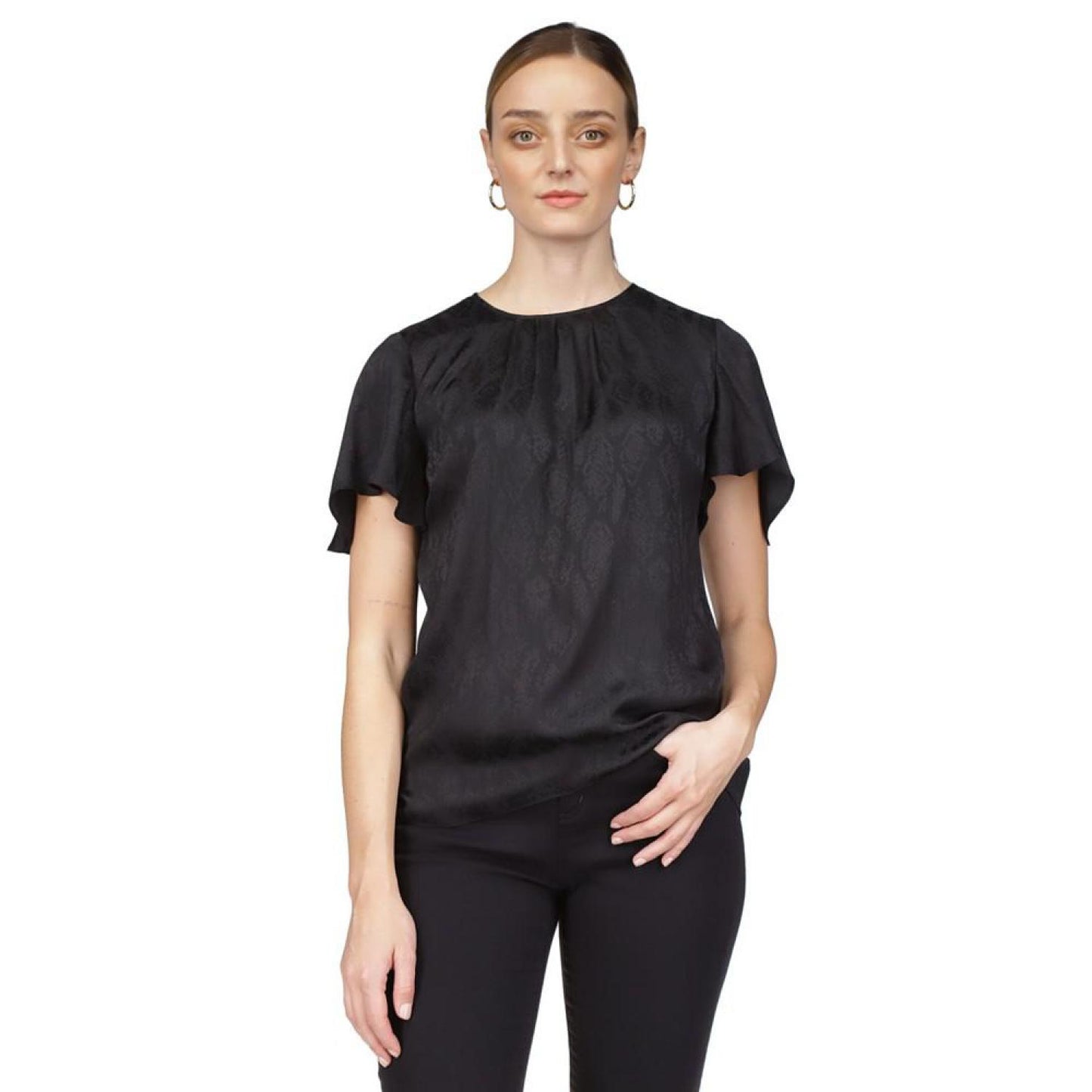 Women's Jacquard Satin Snakeskin-Print Flutter-Sleeve Top