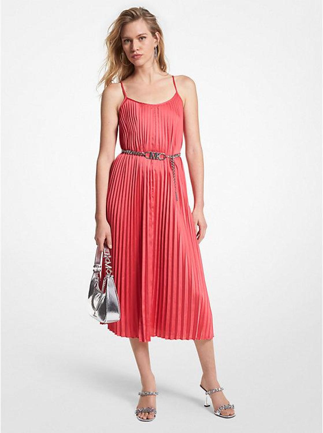 Pleated Satin Belted Slip Dress