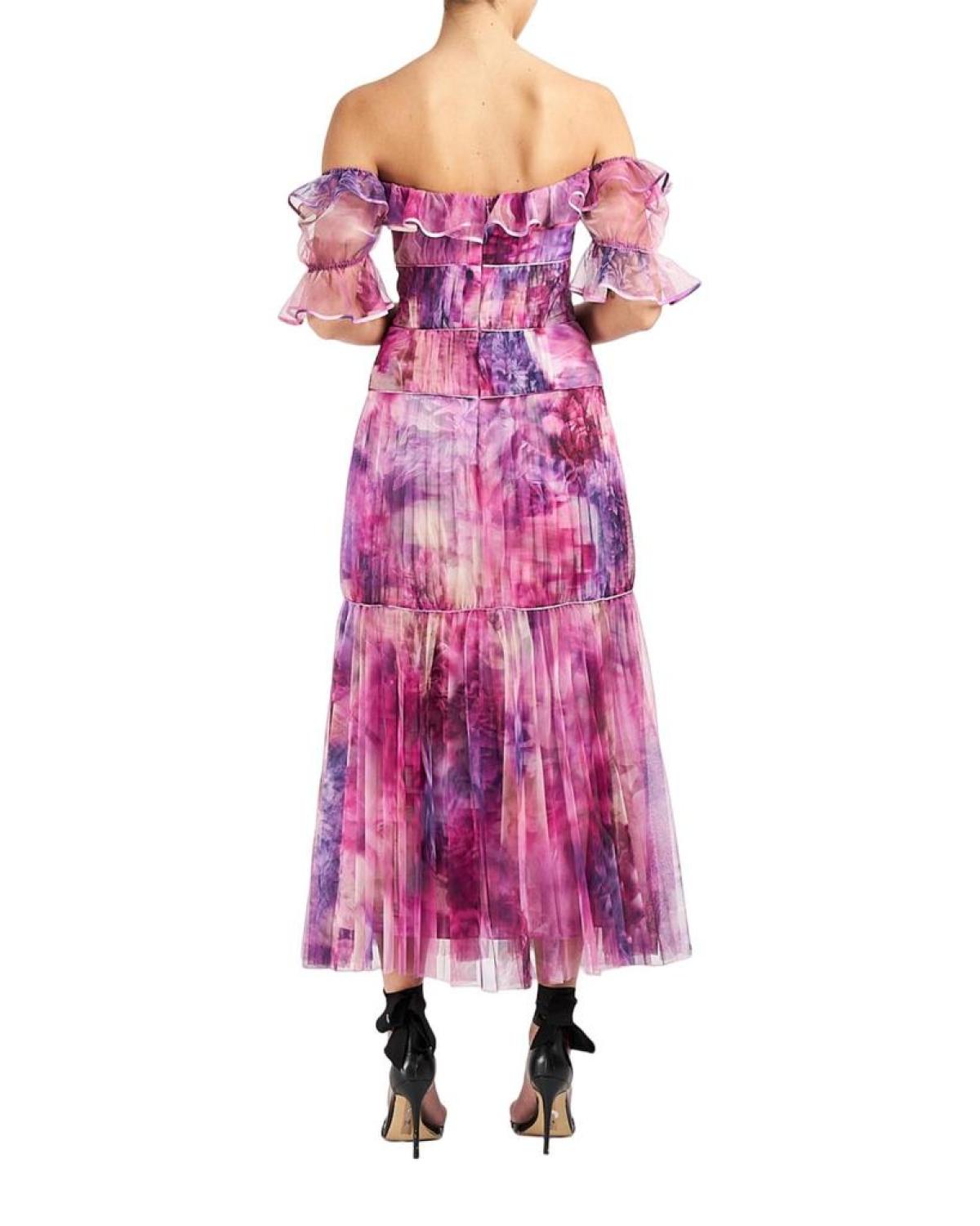 Pleated Chiffon Off-Shoulder Gown In Mauve