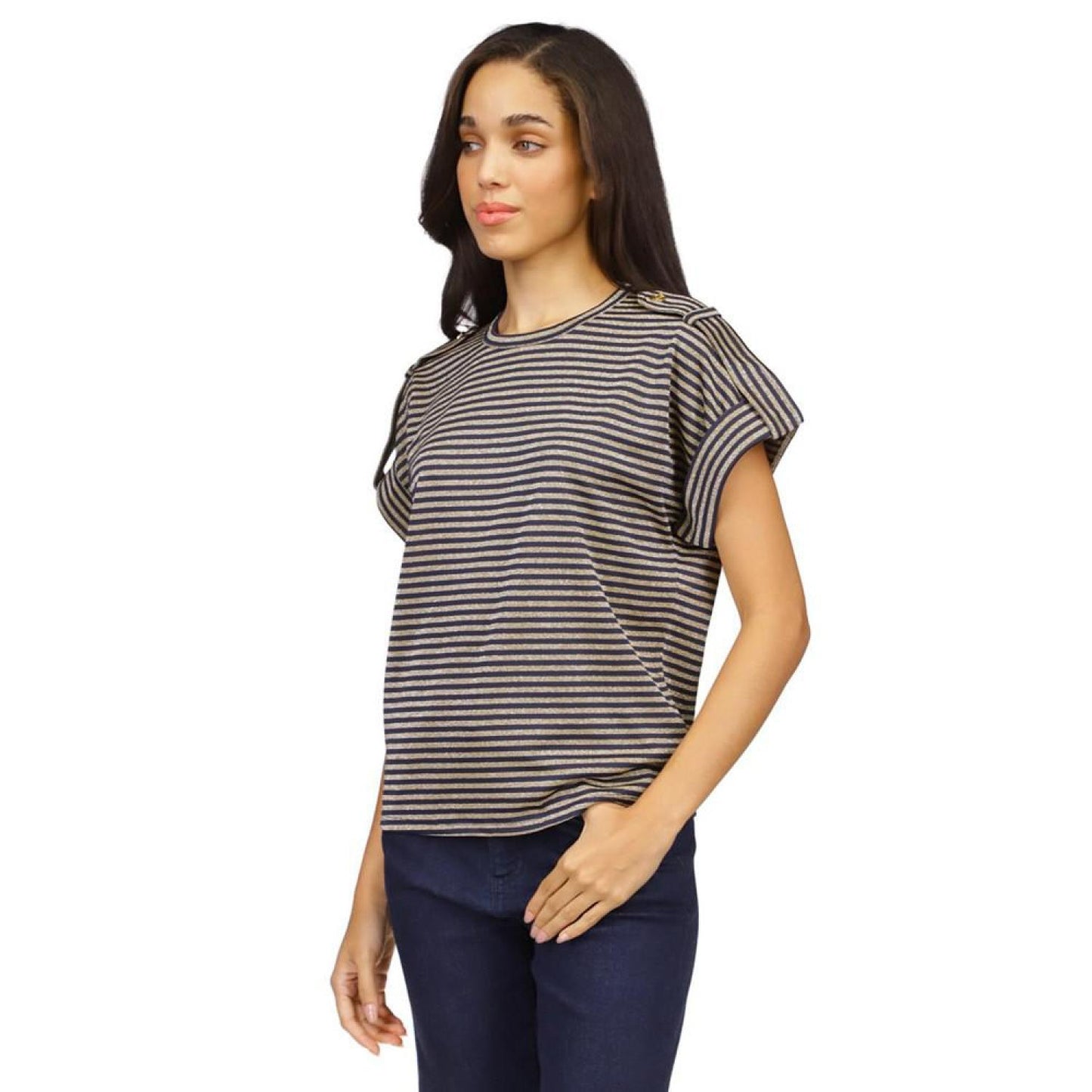 Women's Metallic-Stripe Epaulette Short-Sleeve Top