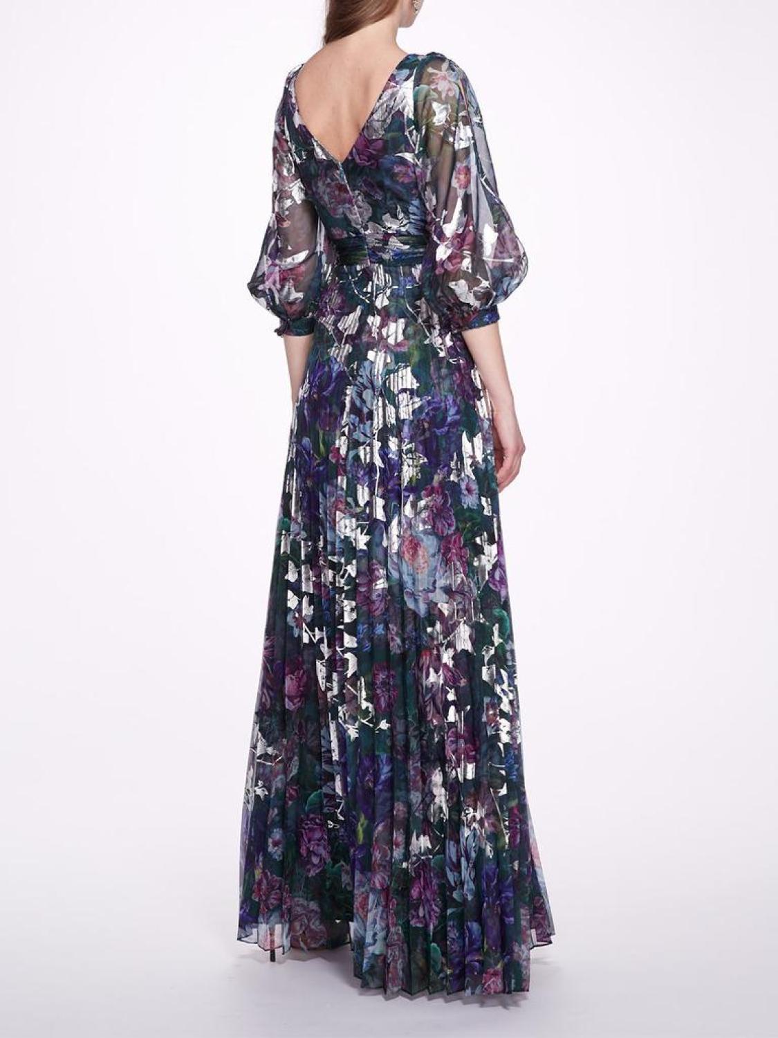 Pleated Printed Chiffon Gown