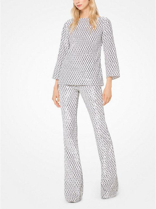 Geometric Sequined Stretch-Tulle Flared Pants